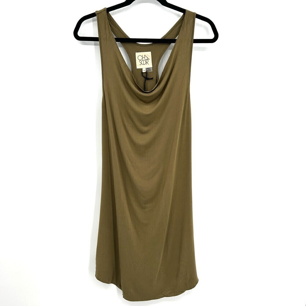 NWT CHASER Olive Green Cool Jersey Cowl Neck Racerback Stretch Mini Dress Medium